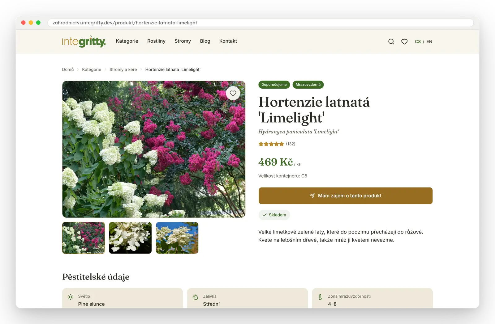 Náhled ukázkového webu zahradnictví: karta produktu s cenou, dostupností a pěstitelskými údaji