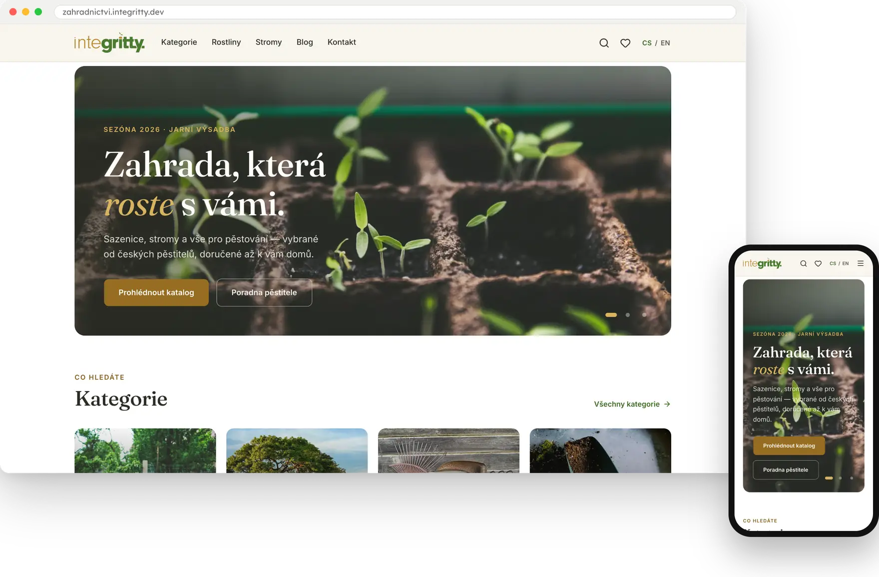 Ukázkový web zahradnictví na mobilu a na počítači